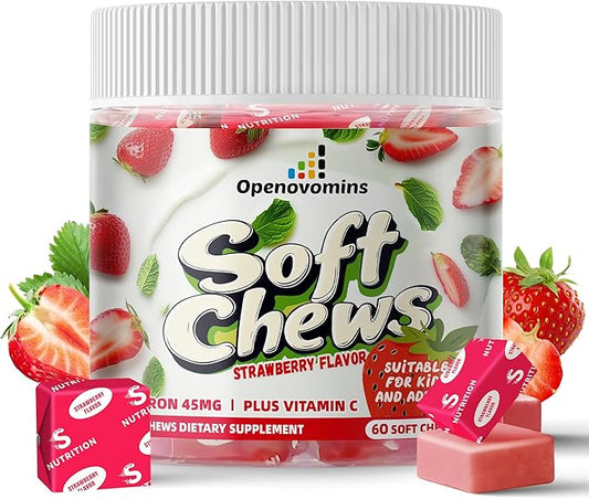 Iron Supplement Chews with Vitamin C for Women Men and Kids, Natural Vegan Iron Soft Chew with Vitamin B6,B12,D, Calcium & Zinc - Energy Support, 60 Strawberry SoftChews,2 Month Supply