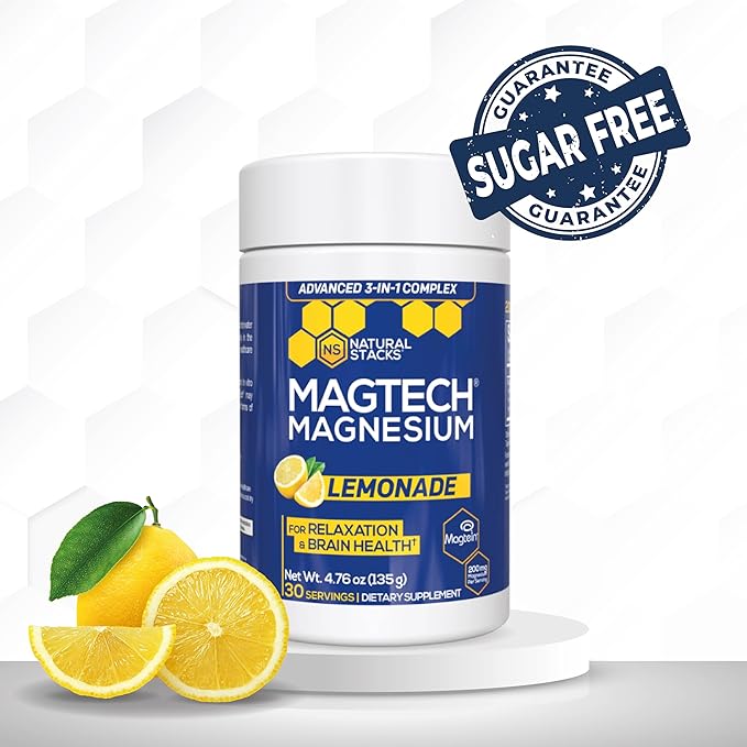 Magtein Magnesium L-Threonate, Glycinate & Taurate - MagTech Magnesium Powder - Sugar Free Lemonade Drink - 200mg Chelated Triple Complex - Supports Relaxation & Brain Health* - 30 Servings
