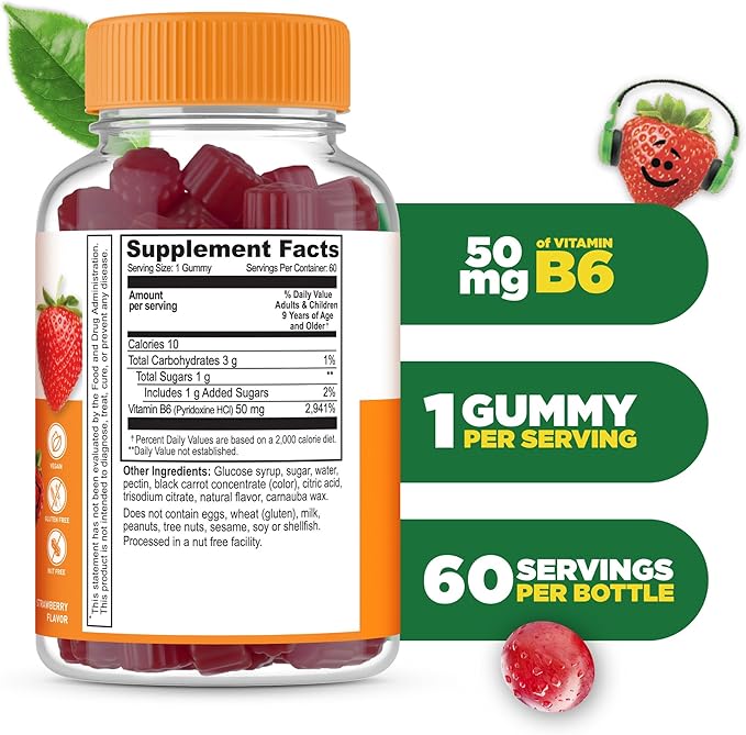 Lifeable Vitamin B6 Gummies for Kids | Great Tasting B6 Vitamins 50mg | Vegan Non-GMO Gluten Free | for Nerve Function Support | 60 Gummies