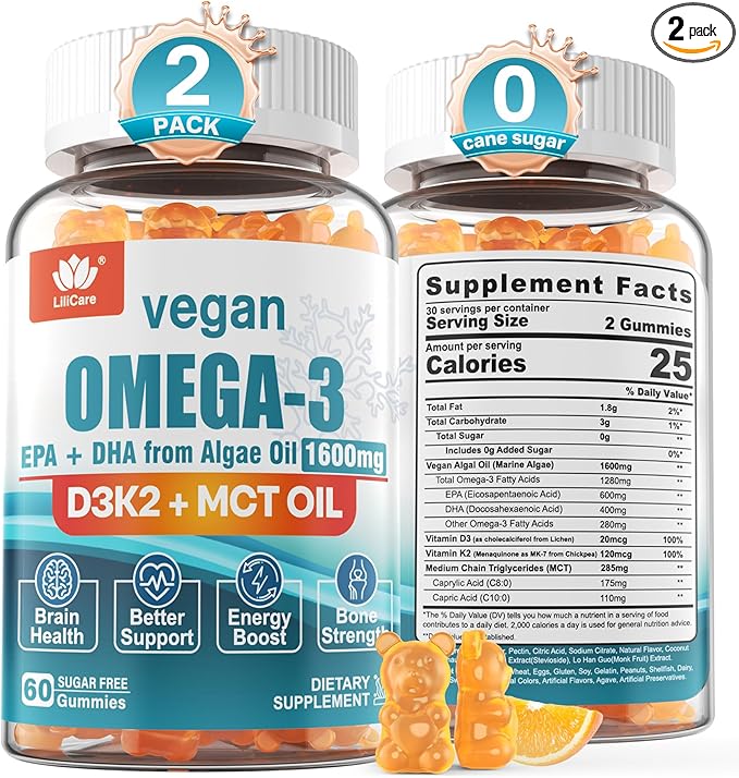 Vegan Omega 3 Gummies 1280mg + Vitamin D3 K2, Sugar Free Omega 3 Fish Oil Alternative w/EPA 600mg & DHA 400mg & MCT Oil, No Fish Taste, from Marine Alga, for Brain, Eye, Immunity, 2 Pack