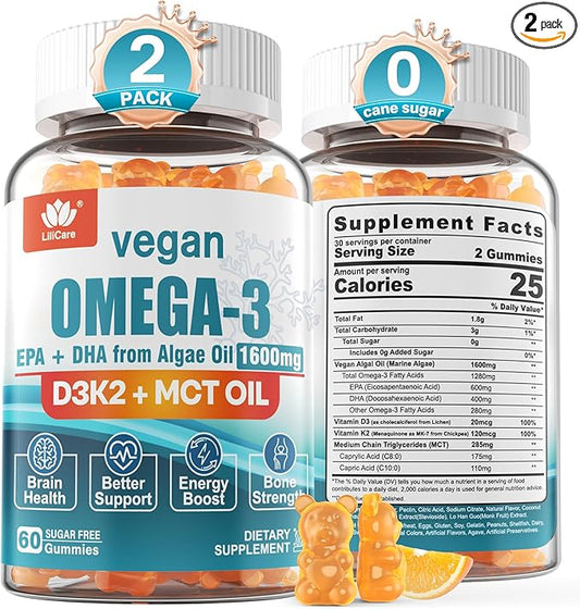 Vegan Omega 3 Gummies 1280mg + Vitamin D3 K2, Sugar Free Omega 3 Fish Oil Alternative w/EPA 600mg & DHA 400mg & MCT Oil, No Fish Taste, from Marine Alga, for Brain, Eye, Immunity, 2 Pack