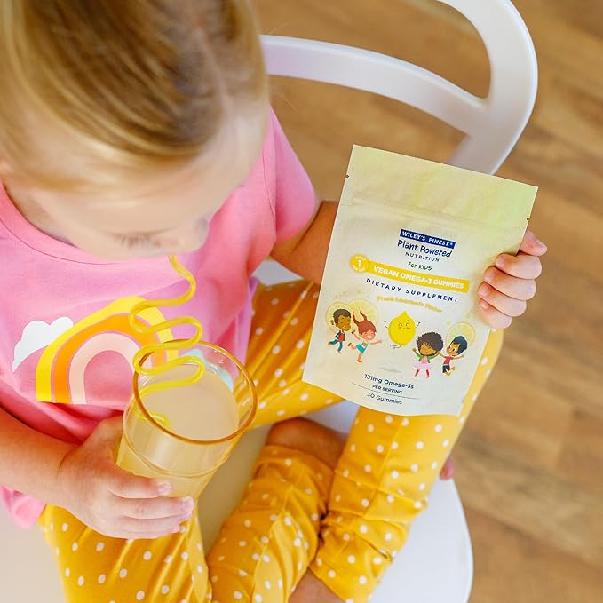 Wiley's Finest Kids Vegan Omega-3 Gummies - Natural Sugar - Vegetarian DHA, ALA & SDA - Gluten Free - Lemon Flavor, 30 Gummies