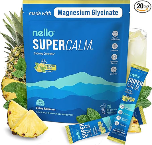 Supercalm Drink Mix – Ashwagandha KSM-66, Magnesium Glycinate, L-Theanine, Vitamin D3 – Pineapple Mint Flavor (20 Travel Packets)