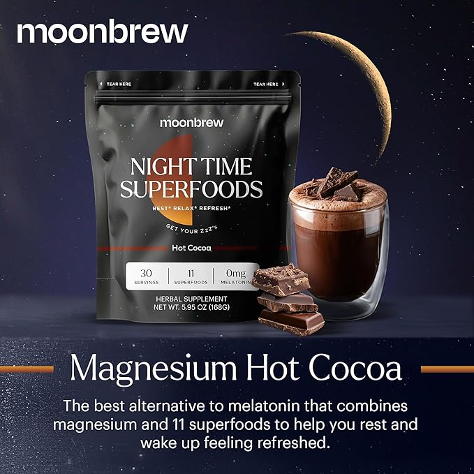 MoonBrew Nighttime Magnesium Hot Cocoa, Natural Sleep Aid Drink Mix for Adults - Calming Melatonin-Free Sleep Support - Sleepy Hot Chocolate Powder with L-Theanine, Chamomile & Zinc Glycinate