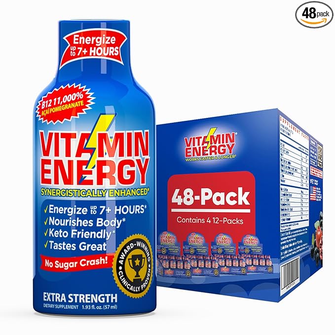 Vitamin Energy B12 11,000% Extra Strength Energy Shot Açaí Pomegranate 48 Pack, 260mg Natural Caffeine, B12 & B6, Nootropic Focus, Vitality, Zero Sugar, Gluten-Free, Vegan, Kosher, 1.93 fl oz