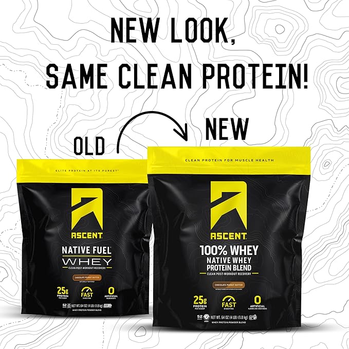 Ascent 100% Whey Protein Powder - Post Workout Whey Protein Isolate, Zero Artificial Flavors & Sweeteners, Gluten Free, 5.5g BCAA, 2.6g Leucine, Essential Amino Acids, Chocolate Peanut Butter 4 lb