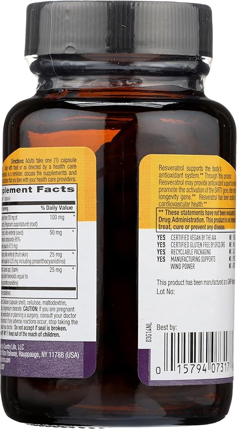 Country Life Resveratrol Plus 1000mg - Organic Antioxidant Supplement with Pine Bark & Grape Seed Extracts - Vegan, Gluten-Free, Non-GMO