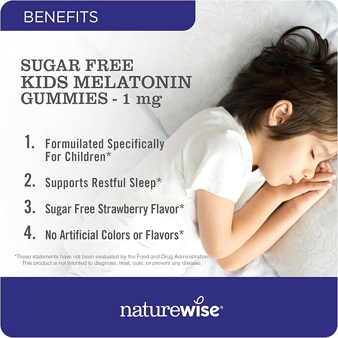NatureWise Kids Melatonin 1 mg Sugar-Free Gummies for Children Ages 4 & Up - Non-Habit Forming Sleep Aid - Strawberry Flavored - Vegan, No Gluten, Non-GMO - 180 Count[6-Month Supply]