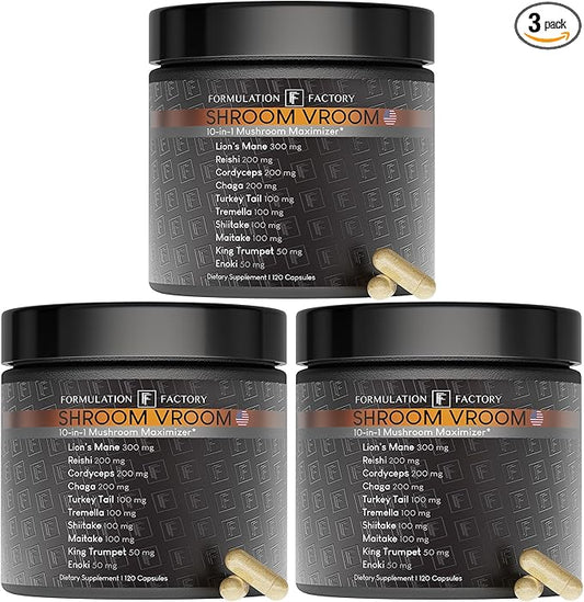 Shroom Vroom: 10-in-1 Mushroom Supplement, Lion’s Mane, Reishi, Cordyceps, Chaga, Turkey Tail, Tremella, Shiitake, Maitake, King Trumpet & Enoki, Brain Boost, Immune Support (120 count Pack of 3)