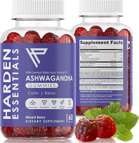 KSM-66 Ashwagandha Gummies w/Lemon Balm & Vitamin D (Max Strength 750mg per Gummy) - Herbal Vegan & Gluten Free - Calm Mood Relaxation - Support Stress - Gummies for Adults Kids Women Men (60 Count)