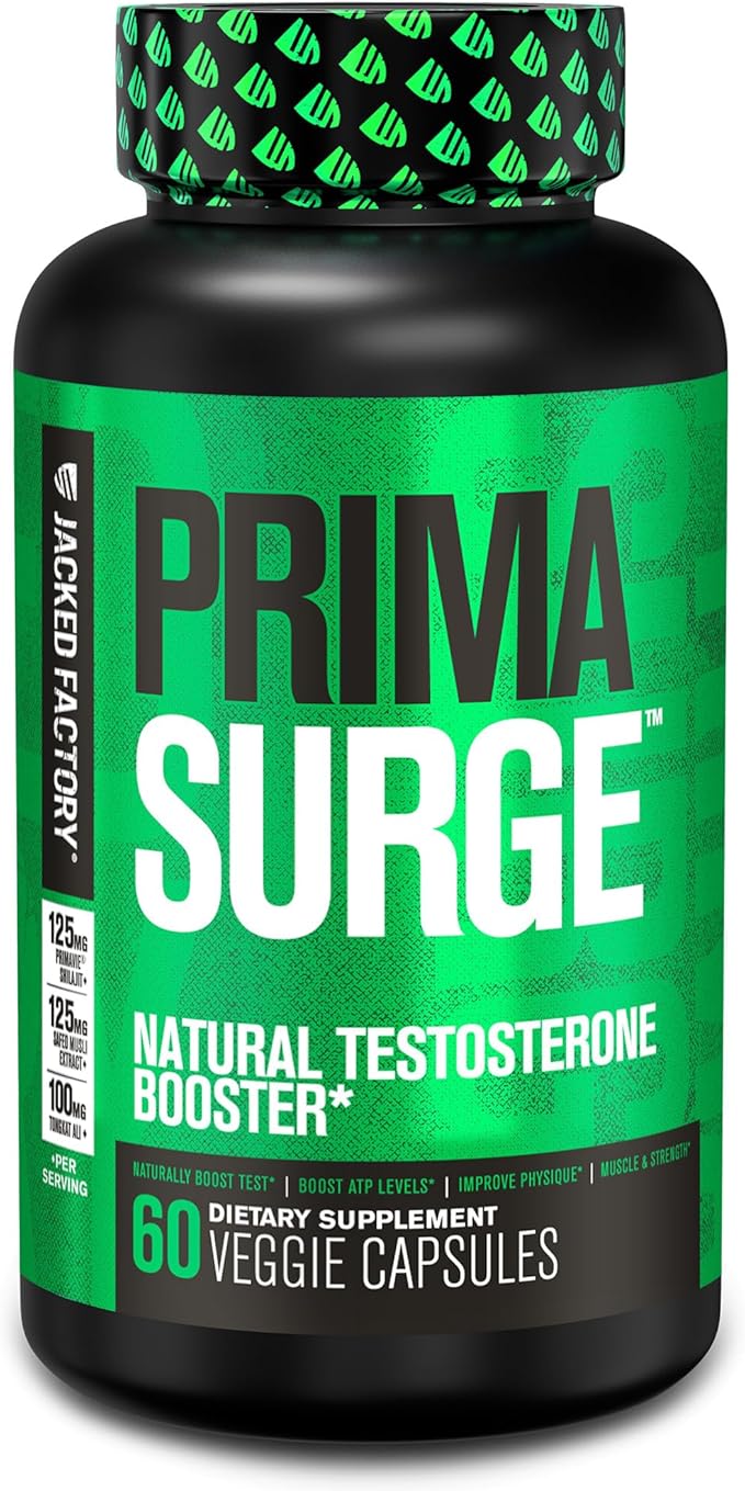 Jacked Factory Testosterone Booster for Men PRIMASURGE - w/Tongkat Ali, PrimaVie, Ashwagandha - Boost Vitality, Muscle Growth & Energy | Natural Test Booster Supplement - 60 Veggie Pills