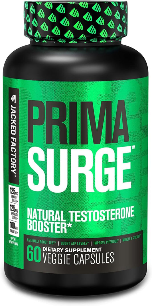Jacked Factory Testosterone Booster for Men PRIMASURGE - w/Tongkat Ali, PrimaVie, Ashwagandha - Boost Vitality, Muscle Growth & Energy | Natural Test Booster Supplement - 60 Veggie Pills