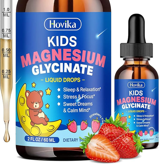Magnesium Glycinate Liquid for Kids - with L-Theanine Omega-3, Vitamin B6, D3, Zinc - Kids Magnesium Drops for Sleep, Relaxation, Calm & Focus - 2 Fl Oz, Strawberry Flavor