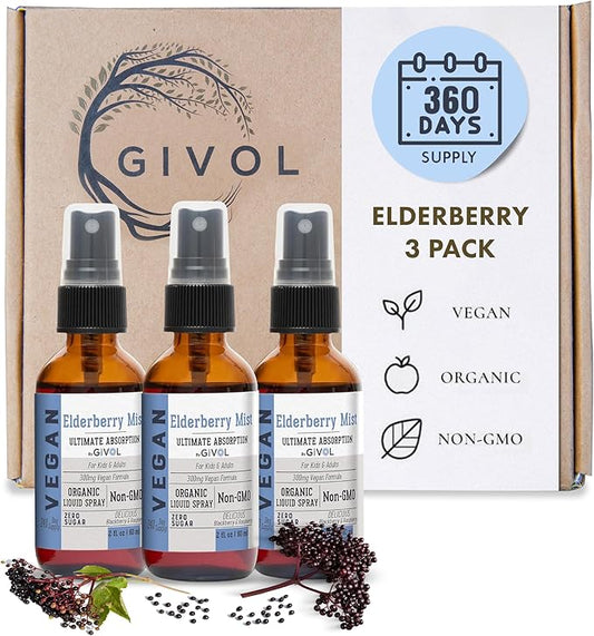 Organic Elderberry Mist - Sambucus Nigra (Extra Strength) Liquid Extract for Kids & Adults - Immune Boost - 300mg Vegan Formula - Easy Absorption - Non-GMO - 60ml (Pack of 3) - 360 Days Supply