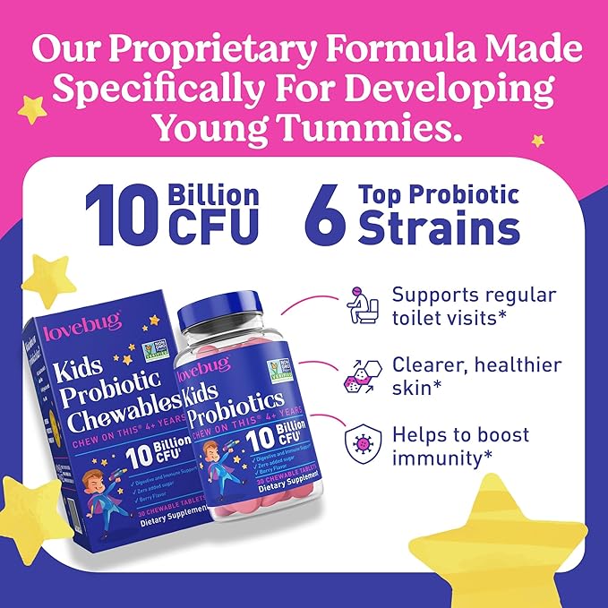 lovebug PROBIOTICS for Kids – Probiotic Chewables with Prebiotic Fiber for Age 4+, Daily Children's Gut Health, Constipation, Digestive & Immune Support Supplement, Sugar-Free Berry Flavor, 30 ct