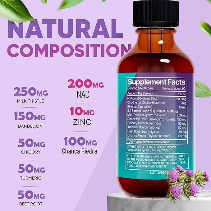 Liver Support & NAC, Zinc - 2 fl oz Liquid Drops with Milk Thistle, Dandelion Root, Chicory, Turmeric, Beet Root, Chanca Piedra - Liver Cleanse & Detox Supplement