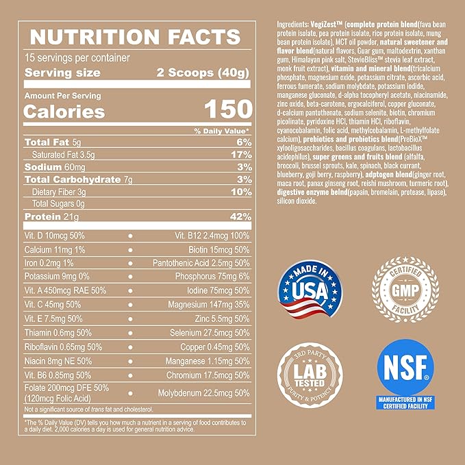 UpNourish Vanilla Cookie Vegan Protein Powder 54 Superfoods Powder,1.5 Billion CFU Probiotics 21g Plant Based Protein,No Sugar No Dairy No GMO Dairy Free,Meal Replacement Shake Keto-Friendly Low-Carb Diet,15 Servings