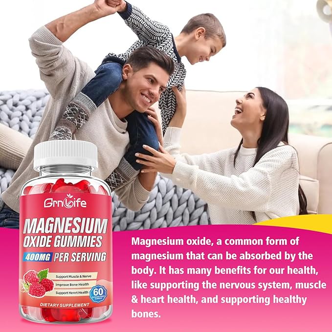 2 Pack Magnesium Oxide Gummies 400mg, Chewable Magnesium Oxide Supplement for Adults & Kids, Nerve & Muscle Support, Vegan, Raspberry Flavor, 120 Count