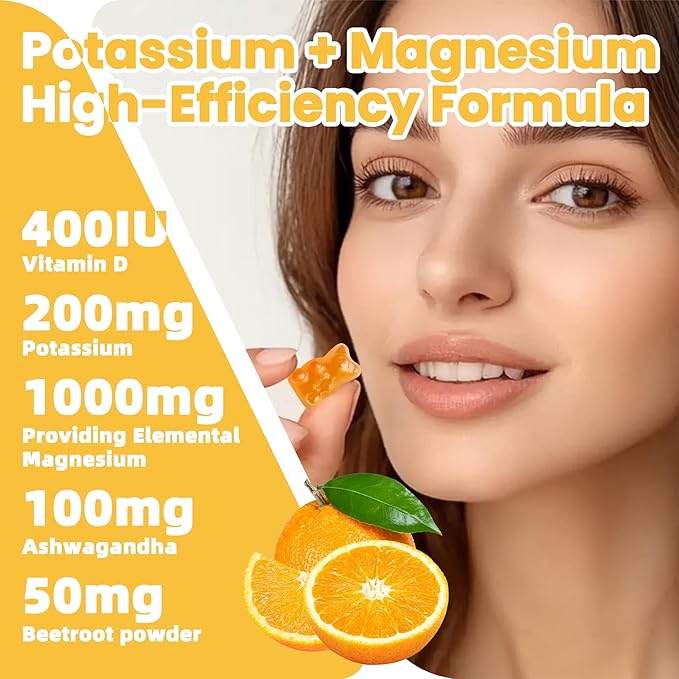 Potassium Magnesium Gummies,Potassium Supplement w/Ashwagandha,High Absorption Magnesium Glycinate,B6,D3,Potassium Citrate for Leg Cramps,Muscle,Electroyte for Adults Kids,Sugar-Free, 60 Gummies