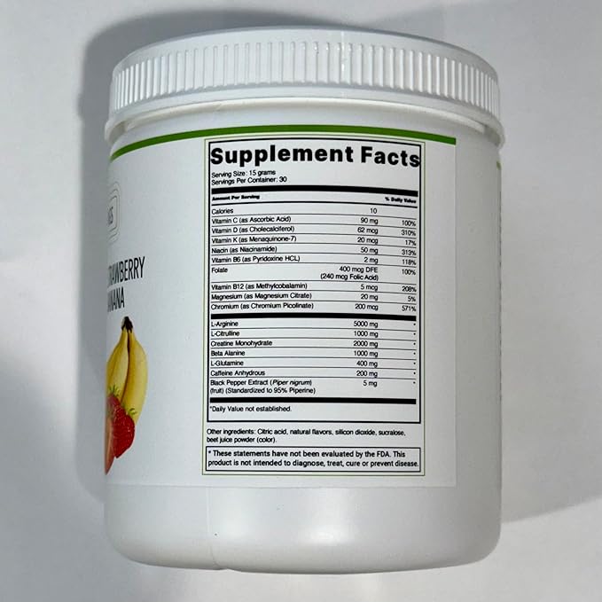 L-Arginine 5000mg + L-Citrulline Complex Powder Supplement Drink Mix - Nitric Oxide Booster for Heart Health, Blood Flow & Energy - 30 Servings (Strawberry Banana)