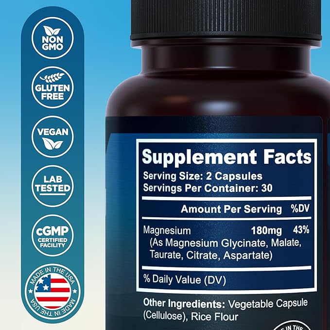 5-in-1 Magnesium Complex - High Absorption - Chelated Magnesium Glycinate, Malate, Citrate, Taurate, & Aspartate for Nerves, Muscles, Bones | 60 Capsules | Magnesium Supplement