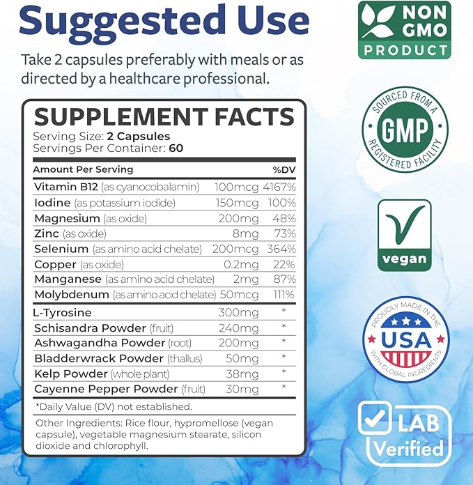 Thyroid Support with Iodine - 120 Capsules (Non-GMO) Improve Your Energy - Ashwagandha Root, Zinc, Selenium, Vitamin B12 Complex - Thyroid Health Supplement for Women and for Men - 60 Day Supply