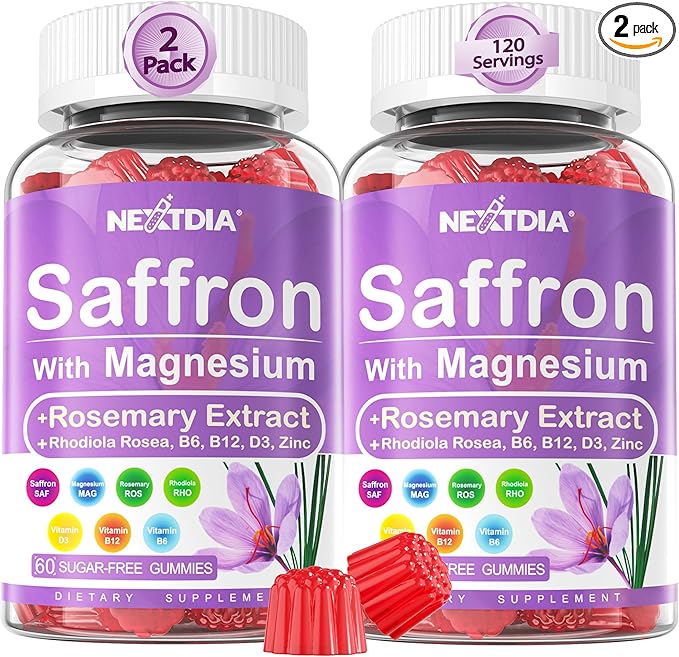 Saffron Supplements Gummies - 4 Months Supply - Saffron Extract 177mg 88.5mg, w/Magnesium Glycinate 400mg 200mg, Rhodiola Rosea, Rosemary, B6 B12 D3 for Calm, Nerve, Rest, Focus, Sugar-Free, 2 Pack