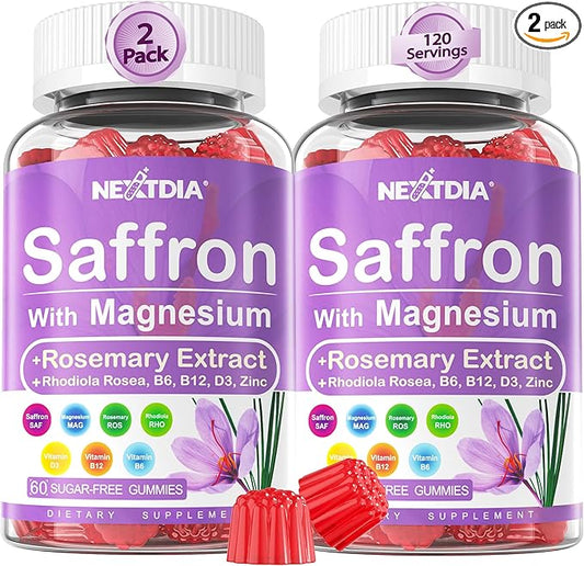 Saffron Supplements Gummies - 4 Months Supply - Saffron Extract 177mg 88.5mg, w/Magnesium Glycinate 400mg 200mg, Rhodiola Rosea, Rosemary, B6 B12 D3 for Calm, Nerve, Rest, Focus, Sugar-Free, 2 Pack