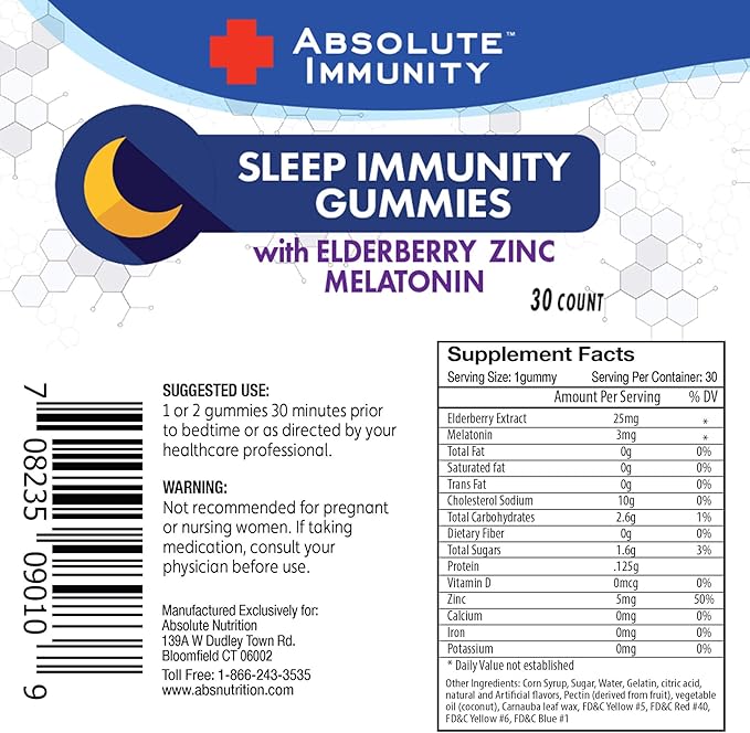 Absolute Immunity- Zinc and Elderberry Sleep Gummies with Melatonin, 100% Drug Free Sleep Aid, Immune System Support, Adults and Kids 30ct