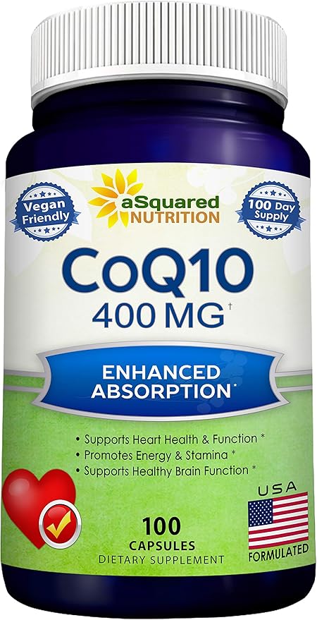 aSquared Nutrition CoQ10 (400mg Max Strength, 100 Veggie Capsules) - High Absorption Coenzyme Q10 Powder - Ubiquinone Supplement Pills, Extra Antioxidant CO Q-10 Enzyme Vitamin Tablets, Coq 10 400 mg