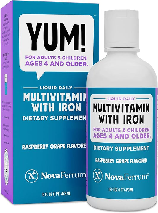 NovaFerrum Yum 16 Fl Oz | Multivitamin with Iron for Ages 4 & Up | Gluten Free Certified | Sugar Free | Raspberry Grape