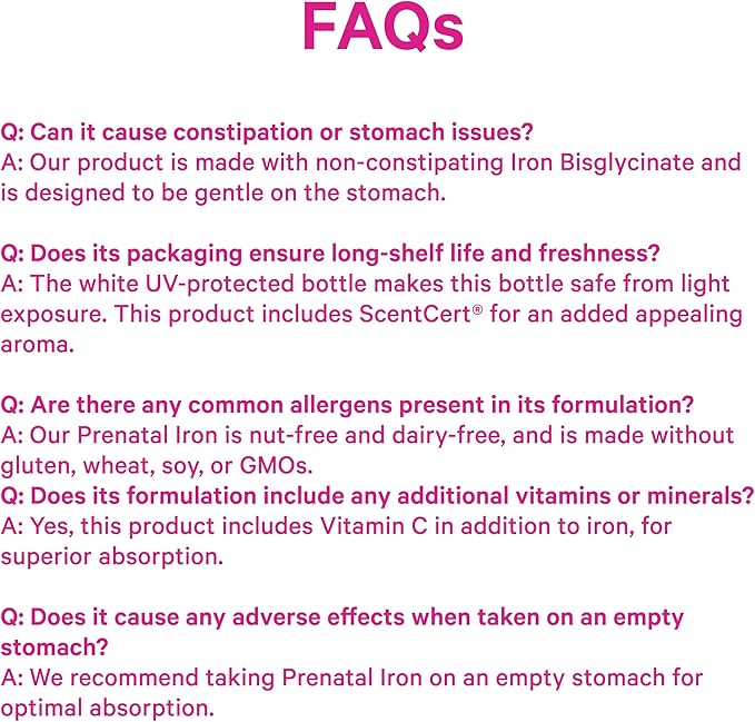 Pink Stork Prenatal Iron Supplement for Women - 18 mg Non-Constipating Iron & Vitamin C for Pregnancy, Postpartum, & Breastfeeding - Focus, Fatigue, & Blood Cell Production - 2 Month Supply