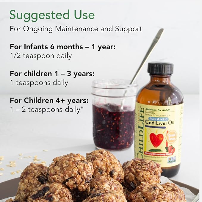 CHILDLIFE Essentials Cod Liver Oil for Kids - Liquid, Arctic Cod Liver Oil for Babies 6+ Months, Toddlers, & Children, Added DHA, EPA, Omega-3 Fatty Acids - Strawberry, 8 fl oz
