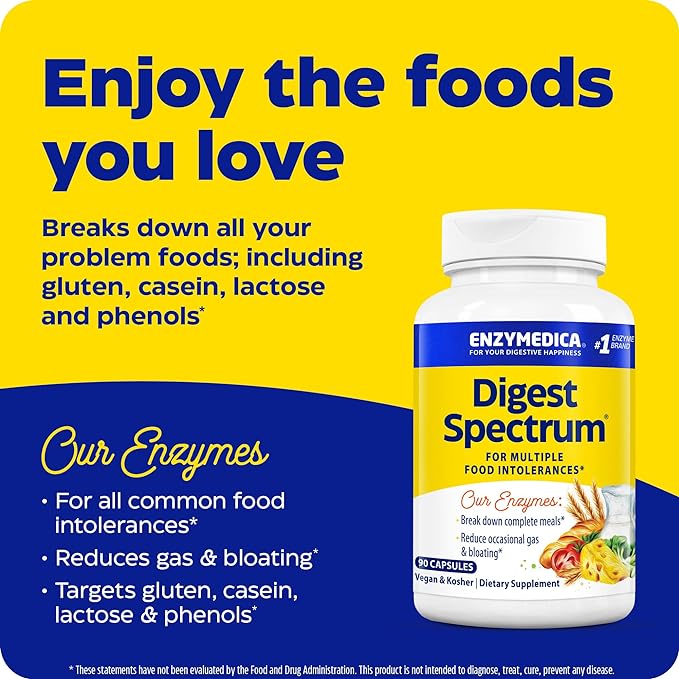 Enzymedica Digest Spectrum, Digestive Enzymes for Multiple Food Intolerances, Offers Fast-Acting Gas & Bloating Relief, 90 Count