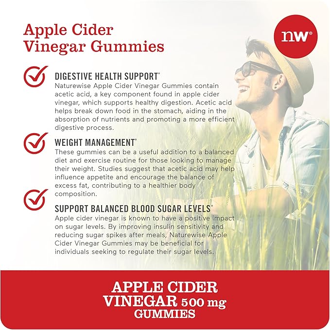 NatureWise Apple Cider Vinegar Gummies - 1000mg ACV per 2 + Vitamin B12 - Pectin Based Vegan, Gluten-Free, Non-GMO -90 Count[45-Day Supply for 1000mg or 3-Months for 500mg]