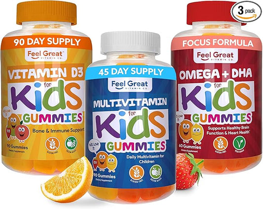 Feel Great Kids Essentail Vitamins Trio - Omega + DHA - Vitamin D - Multivitamin for Wellness & Immune Support