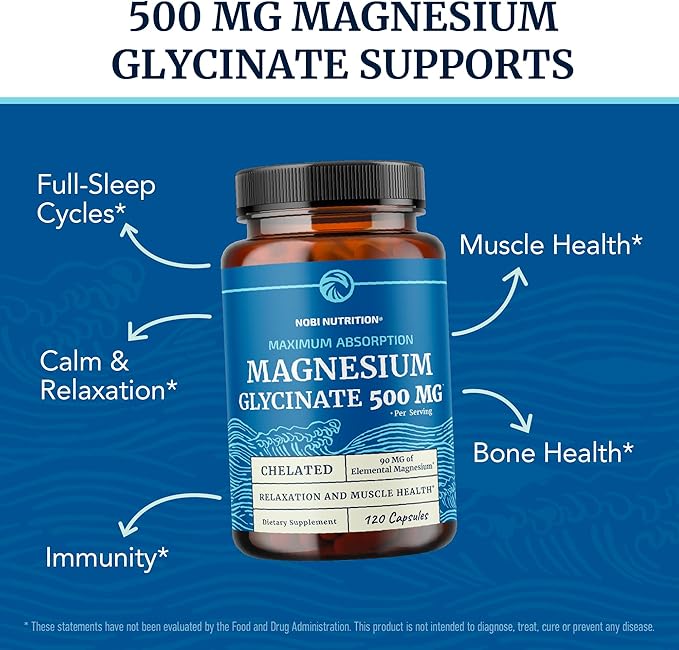 Magnesium Glycinate 500mg | Chelated for High Absorption | Muscle Relaxation, Bones, Heart, Nerve, Sleep & Calm Support for Women & Men | Magnesium Chelate Supplement & Bisglycinate Complex | 60ct