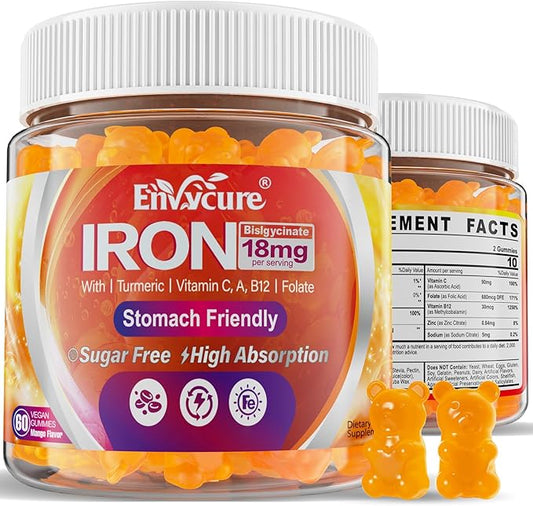 Sugar Free Iron Gummies 18mg for Women Men, Iron Bisglycinate Supplement Gummies with Vitamin C, Turmeric & Folate - Blood Builder for Iron Deficiency, Anemia & Energy, Non-Constipating (2 PACK)