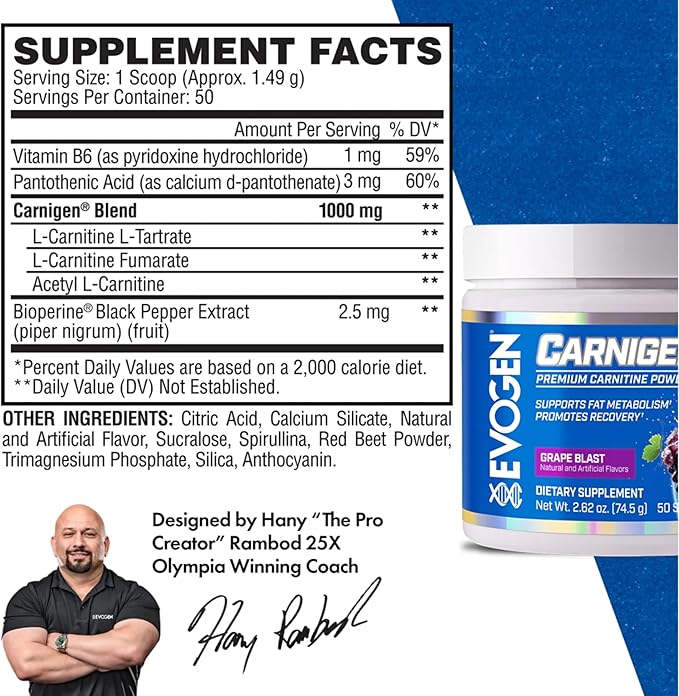 Evogen Carnigen - Premium Carnitine Powder | Supports Fat Metabolism & Promotes Recovery | Stimulant-Free L Carnitine Supplement Matrix with Acetyl L-Carnitine | Grape | 50 Servings