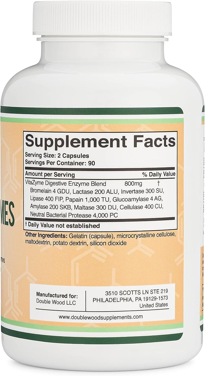 Digestive Enzymes - 800mg Blend of All 10 Most Essential Digestive and Pancreatic Enzymes (Amylase, Lipase, Bromelain, Lactase, Papain, Protease, Cellulase, Maltase, Invertase) by Double Wood