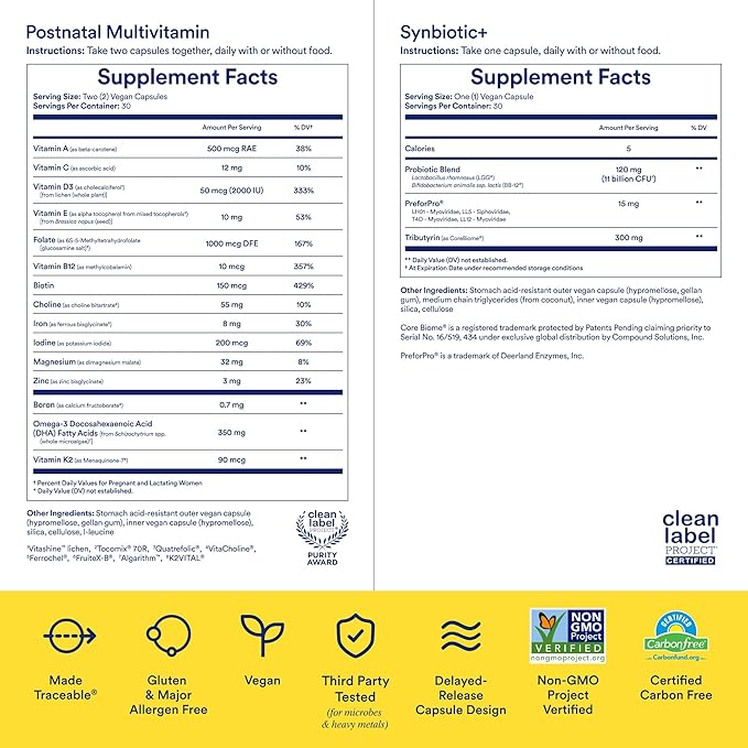 Ritual Postnatal Multivitamin and Gut Duo Supplements with Postnatal Vitamins and Synbiotic+: 3-in-1 Probiotic, Prebiotic, Postbiotic, Supports Lactation, and Gut Health, 30 Day Supply