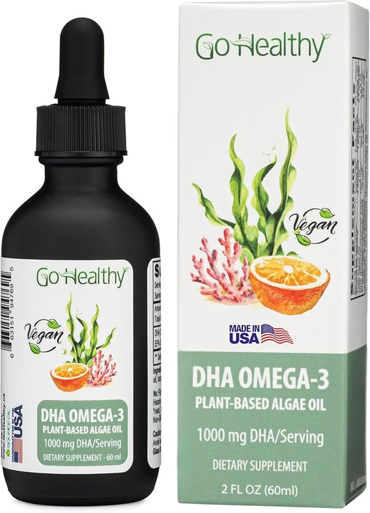 Go Healthy DHA Omega 3 Supplement Liquid Drops for Kids, Children, Infants & Adults - Vegan Omega 3 Fish Oil Alternative, Orange Flavor, 30,000 mg DHA per Bottle 30-120 Servings