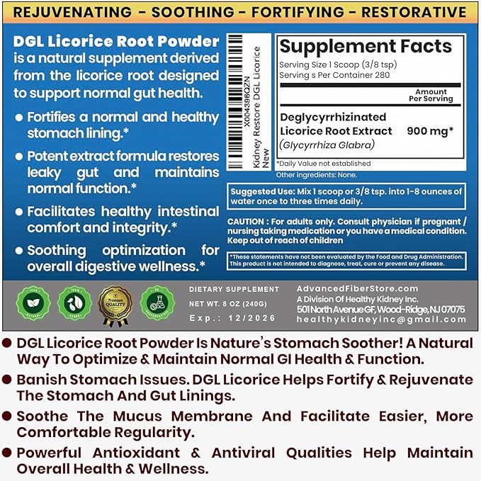 DGL Licorice Supplement: Supports Digestive Health, Gut Lining Support, DGL Powder for Wellness, Licorice Root Extract Powder, 140 Servings (2-Pack)
