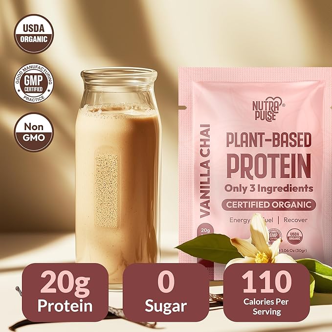 Organic Vegan Protein Powder Sample Pack - Plant-Based Protein, Gluten-Free, Non GMO, 20g Protein Per Serving, Great for Smoothies & Shakes (Vanilla Chai, Pack of 8)
