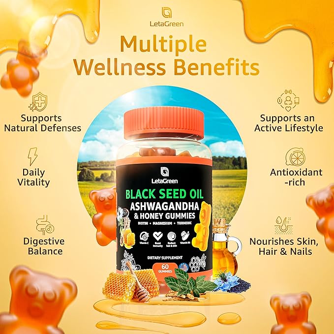 Black Seed Oil Gummies - 60 Nigella Sativa Bears with Ashwagandha Extract - Immune Support & Natural Cleanse – Chewable Black Seed Oil Gummies for Adults (Pack of 2)