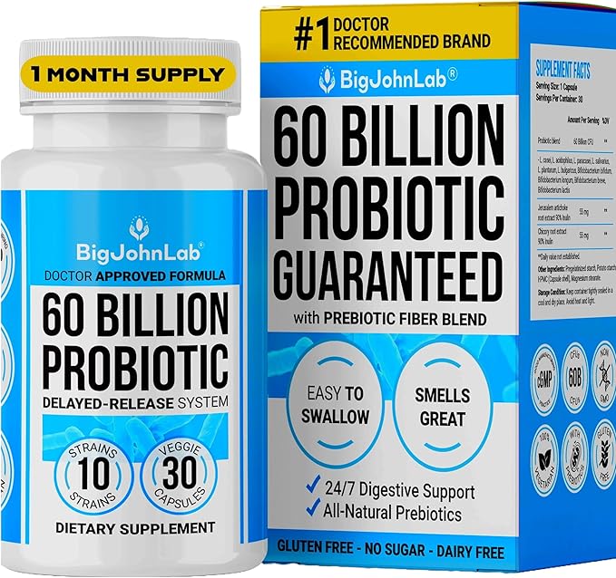 BIGJOHNLAB® - Probiotics 30capsules 1month Supply Women & Men 60 Billion CFU 10 Strains + Organic Prebiotics Immune, Digestive Gut Health Supports Occasional Constipation, Diarrhea, Gas & Bloating