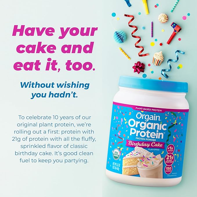 Orgain Organic Vegan Protein Powder, Birthday Cake - 21g Plant Based Protein, 7g Prebiotic Fiber, Low Net Carb, No Lactose Ingredients, No Added Sugar, Non-GMO, for Shakes & Smoothies, 1.02 lb