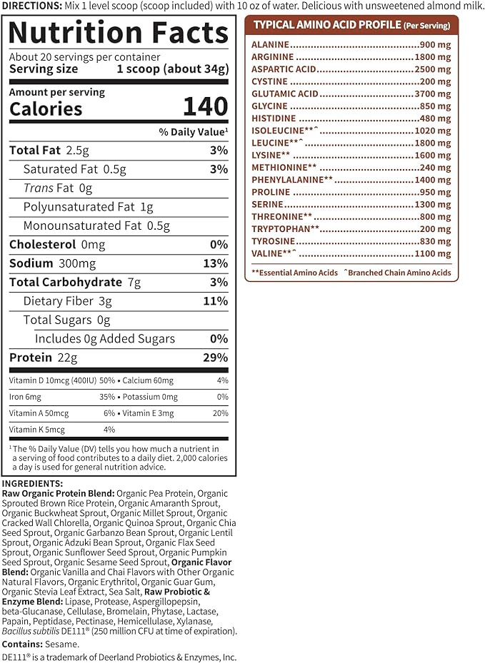 Organic Vegan Vanilla Chai Protein Powder, Garden of Life 22g Plant Based Protein & BCAAs, Organic Protein Powder with Probiotics & Enzymes, Non-GMO, Gluten-Free Lactose Free 1.2 LB