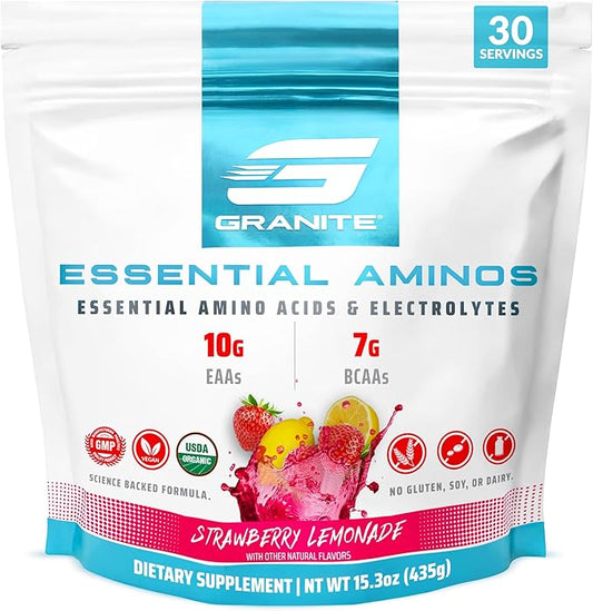 Granite Essential Amino Acids Powder for Muscle Recovery and Growth with 10g EAAs and 7g BCAAs - Soy-Free, Gluten-Free, 448g (30 Servings), Strawberry Lemonade