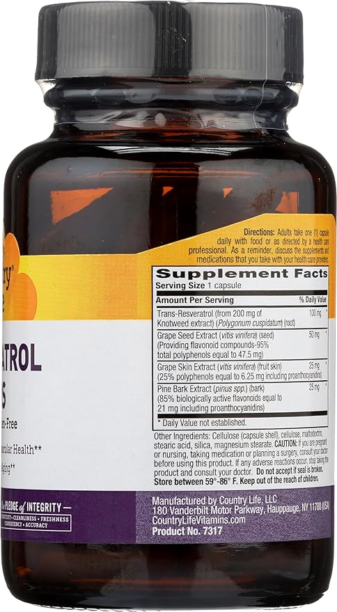 Country Life Resveratrol Plus 1000mg - Organic Antioxidant Supplement with Pine Bark & Grape Seed Extracts - Vegan, Gluten-Free, Non-GMO
